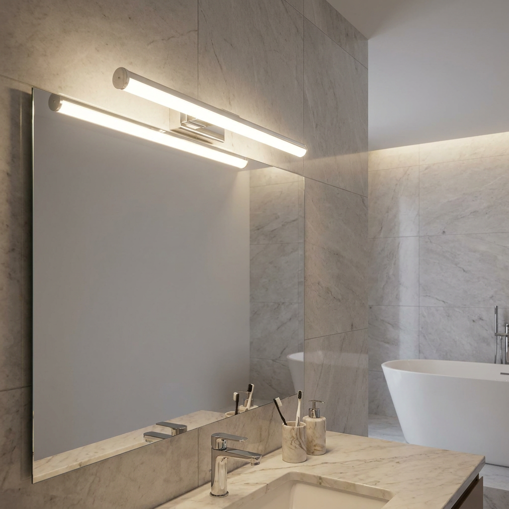 Chrome LED bathroom wall light mounted above a large mirror in a modern marble bathroom.
