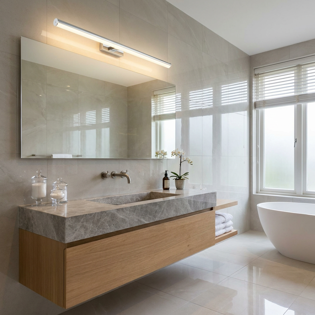 Linear chrome LED light bar mounted above a large mirror in a modern bathroom with marble and wood finishes.