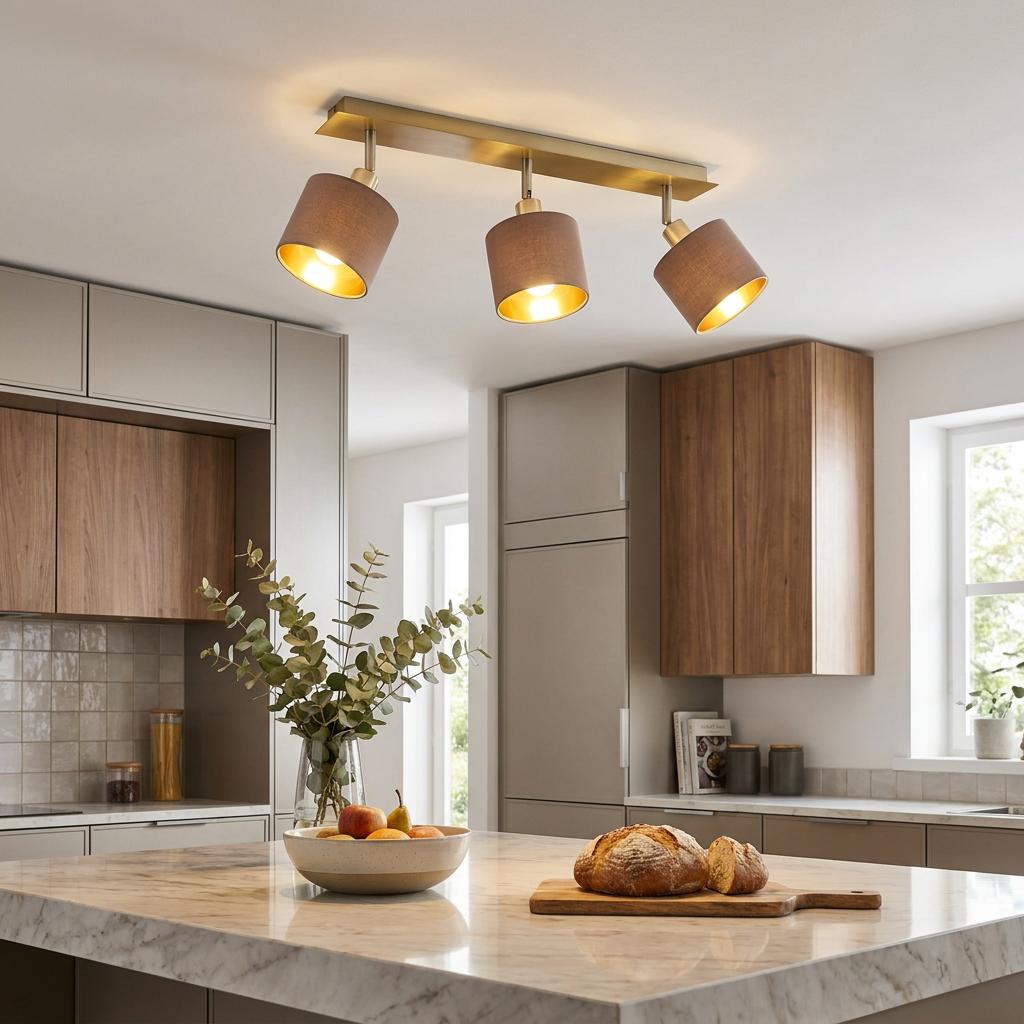 Eglo Valbiano three-light brass bar spotlight with gray fabric shades in a modern kitchen setting.