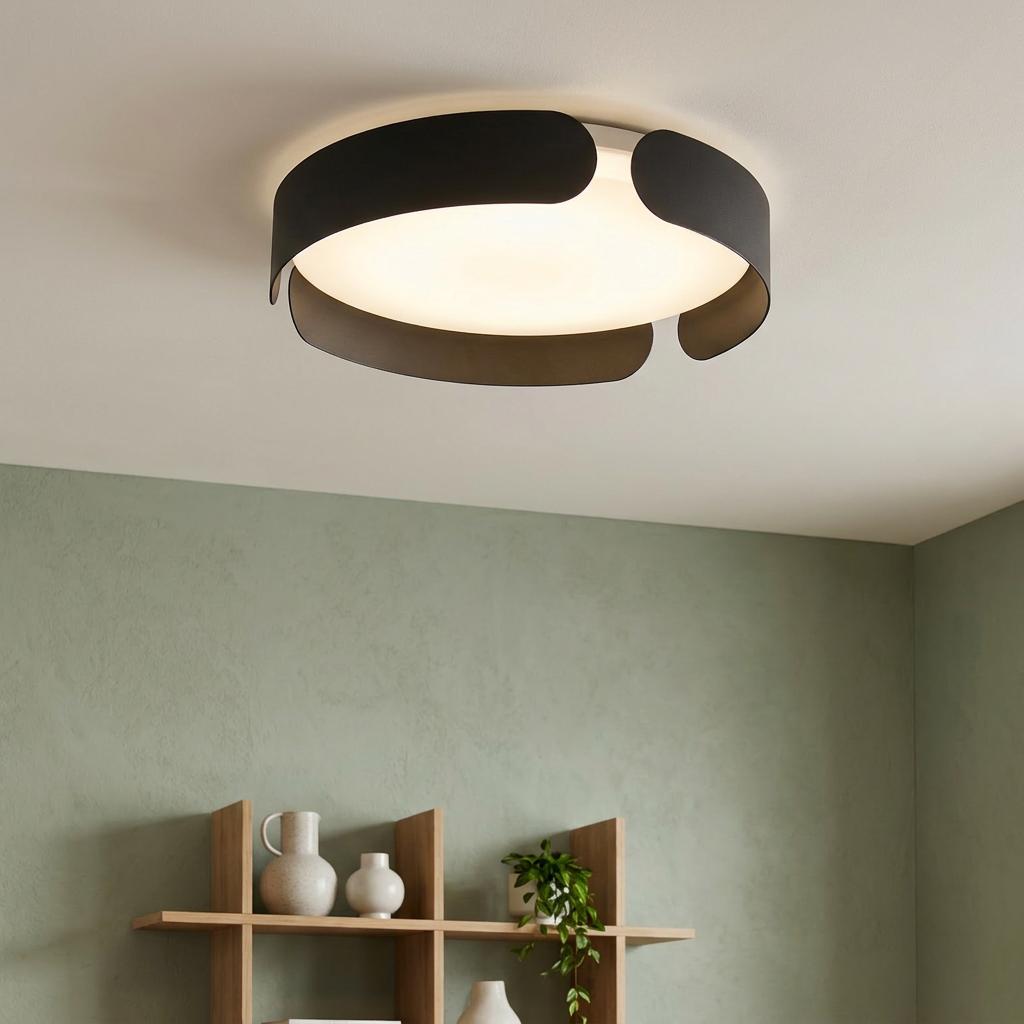 Modern black-framed round flush ceiling light with a white diffuser, mounted on a white ceiling.