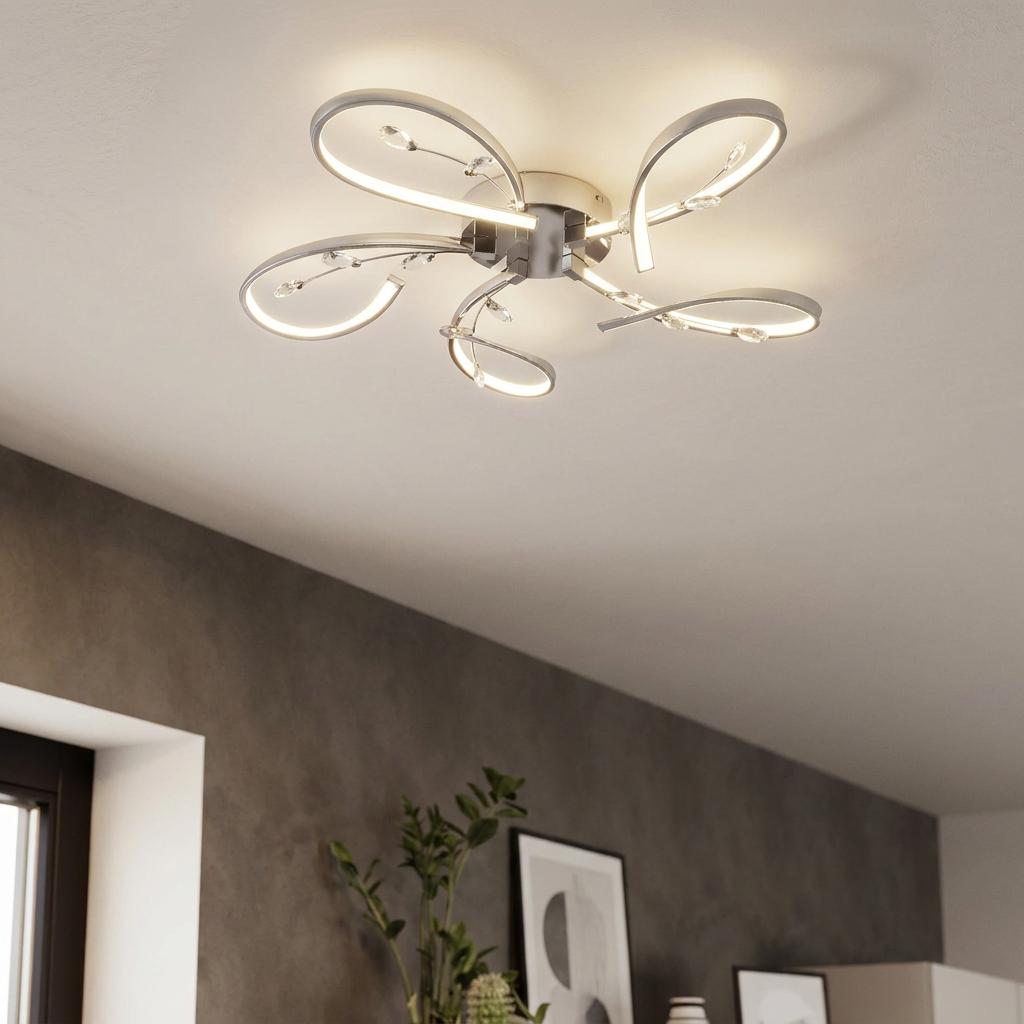 Modern Eglo Vallemare chrome 5-arm LED flush ceiling light with crystal accents illuminating a grey-walled room.