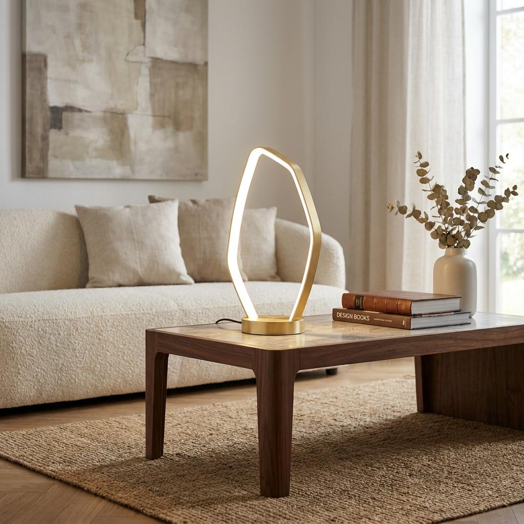 Gold LED table lamp with an organic loop design on a wooden coffee table in a neutral living room.