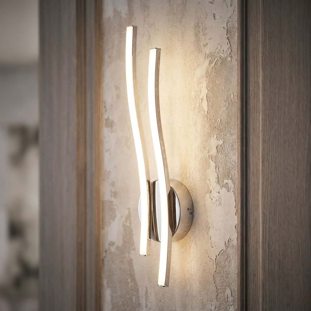 Eglo Valmora chrome curved LED wall light with two glowing bars mounted on a textured wall.