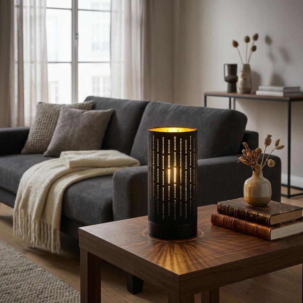 Black perforated cylindrical table lamp with a gold interior glowing on a wooden side table in a living room.