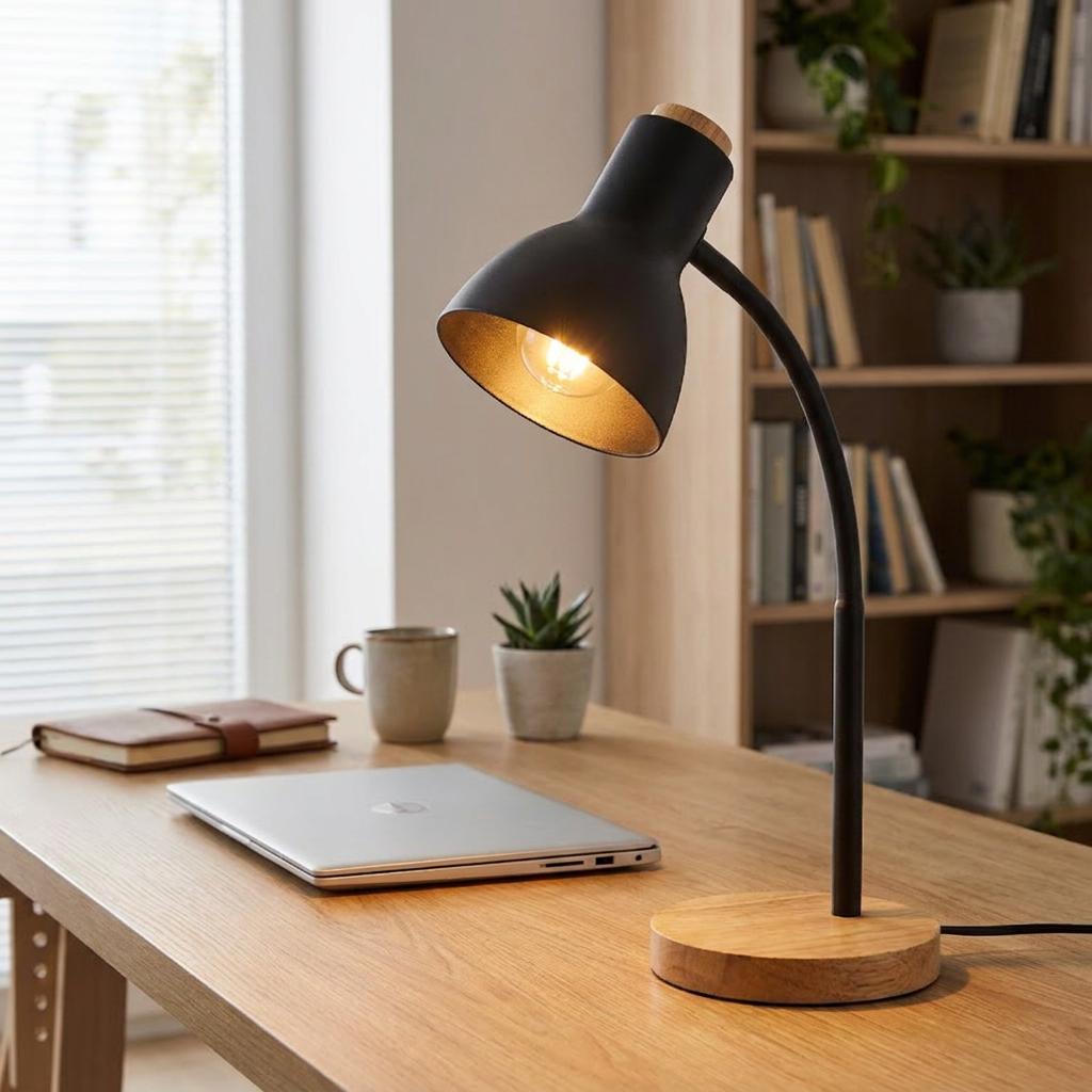 Black metal and wood table lamp with a warm glow on a wooden desk in a home office.