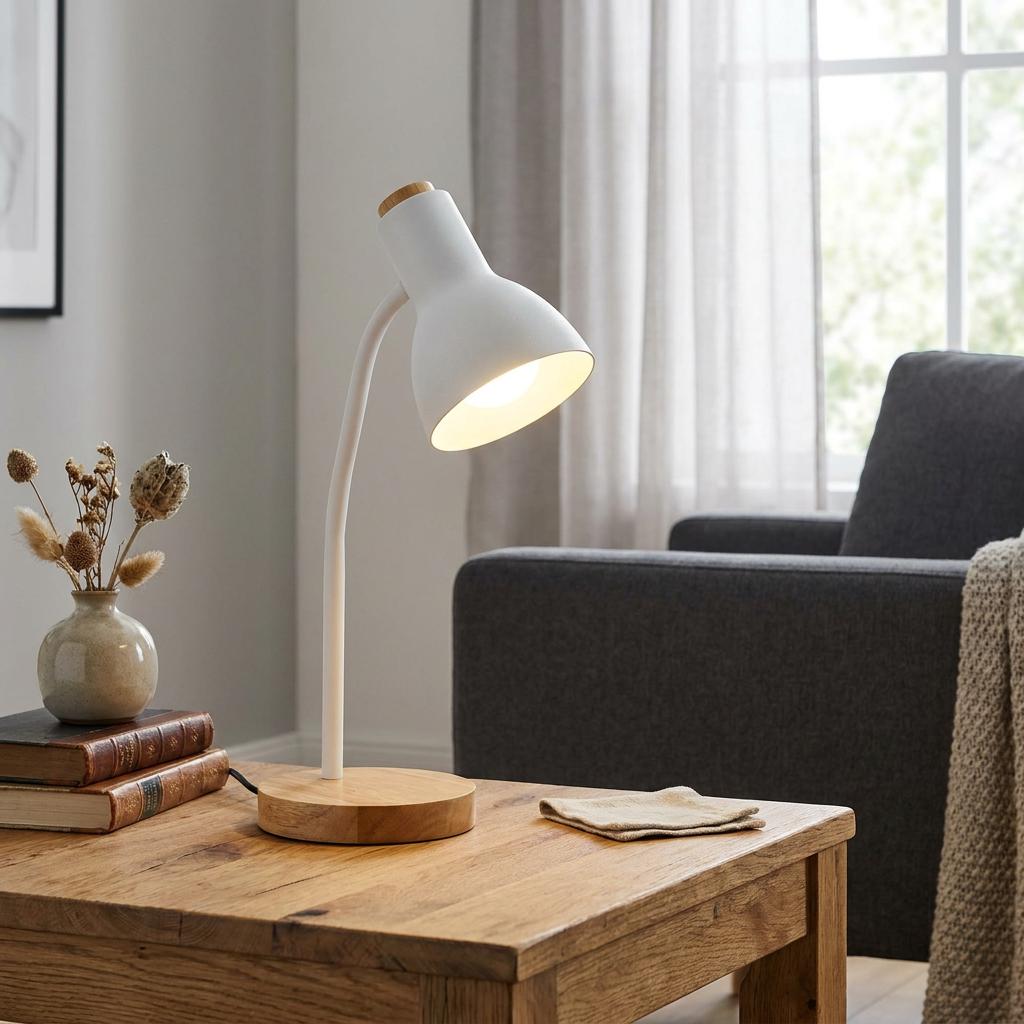 White metal and wood table lamp lit on a wooden coffee table beside books and dried flowers in a living room.