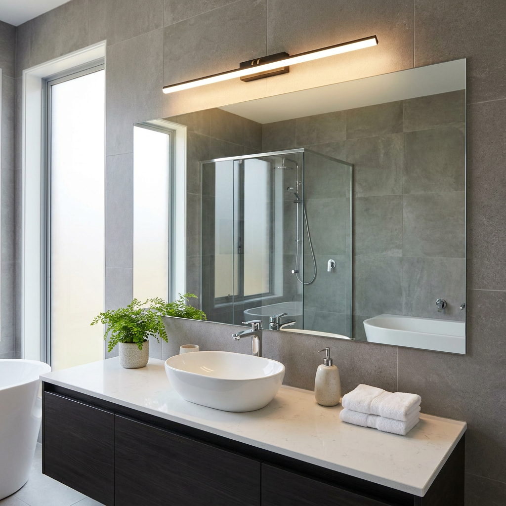 Eglo Verdello black linear LED light mounted above a bathroom mirror in a modern setting with grey tiled walls.