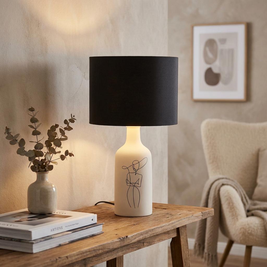 Eglo Vinoza white ceramic table lamp with black line art and a black shade on a rustic wooden table.
