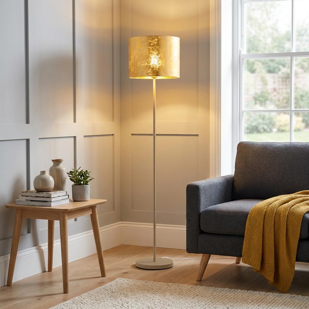 Modern champagne floor lamp with a gold leaf shade in a grey paneled living room next to a grey armchair.