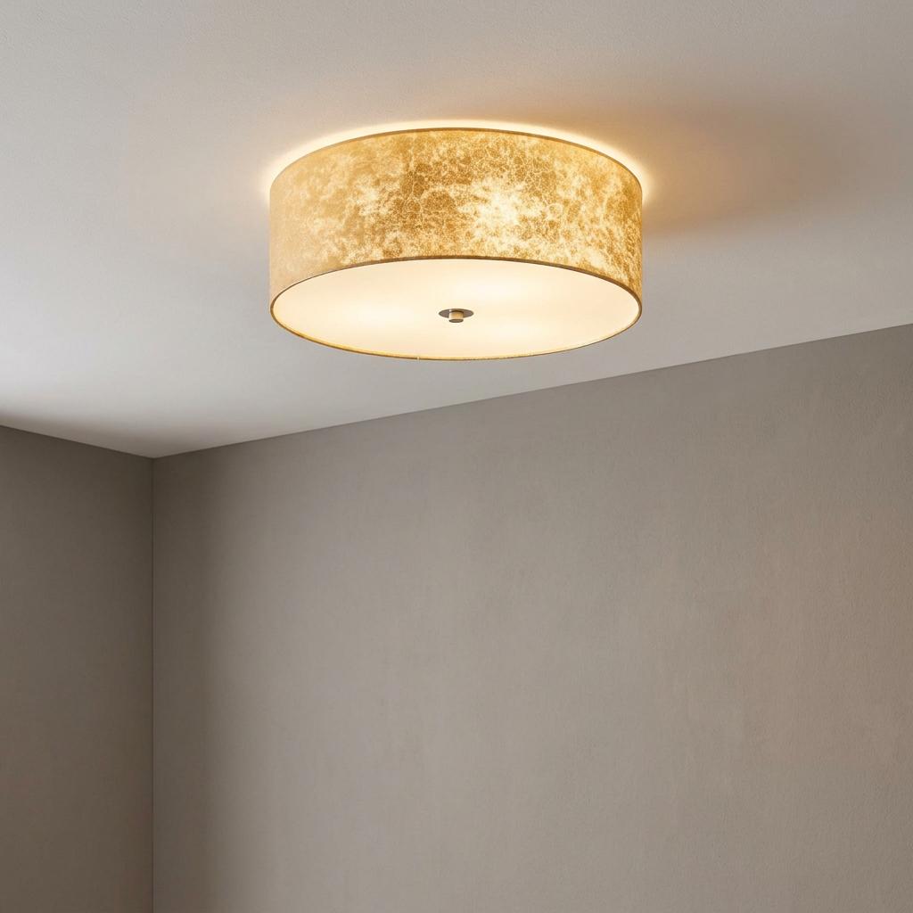 A round flush mount ceiling light with a gold leaf textured drum shade illuminating a room.