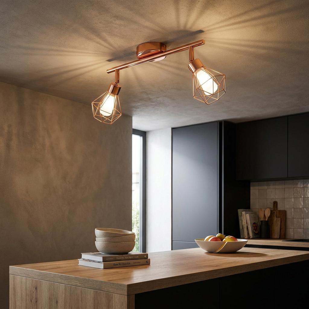 Copper 2-light bar spotlight with geometric wire cages over a kitchen island, casting starburst light on the ceiling.