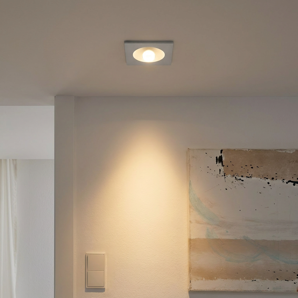 Square silver recessed LED downlight casting a warm glow over an abstract painting on a white wall.