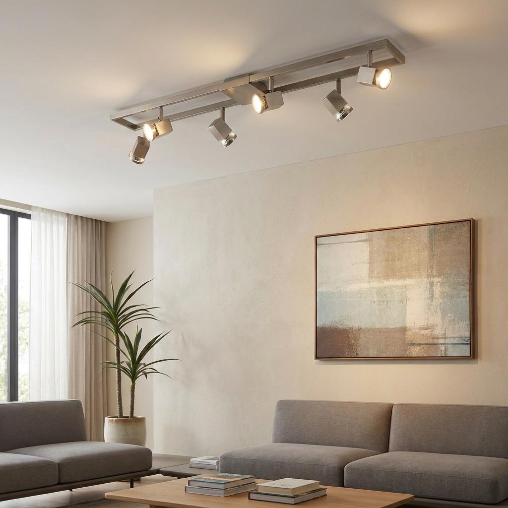 Eglo Zeraco 6-light nickel bar spotlight illuminating a modern living room with grey sofas and abstract art.