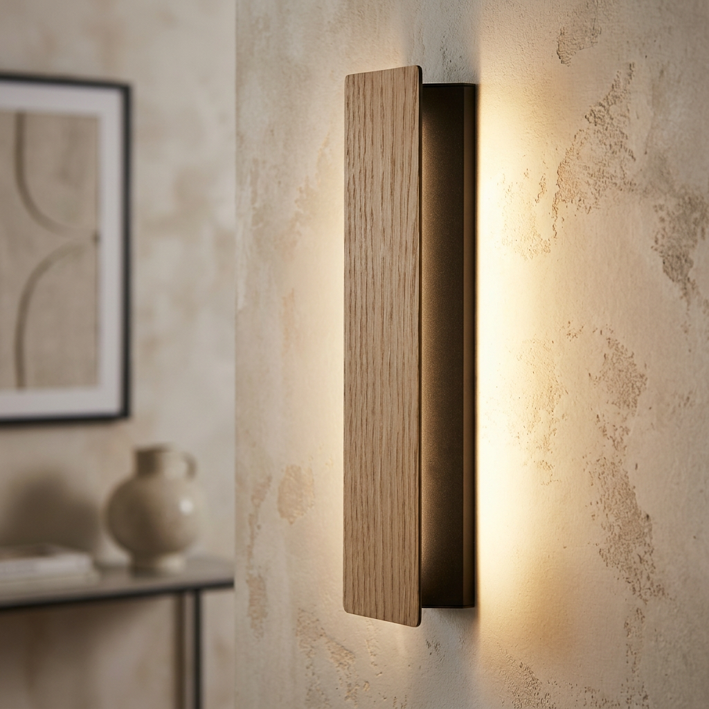 Vertical LED wall light with a wooden panel and black metal trim casting a warm glow on a textured interior wall.