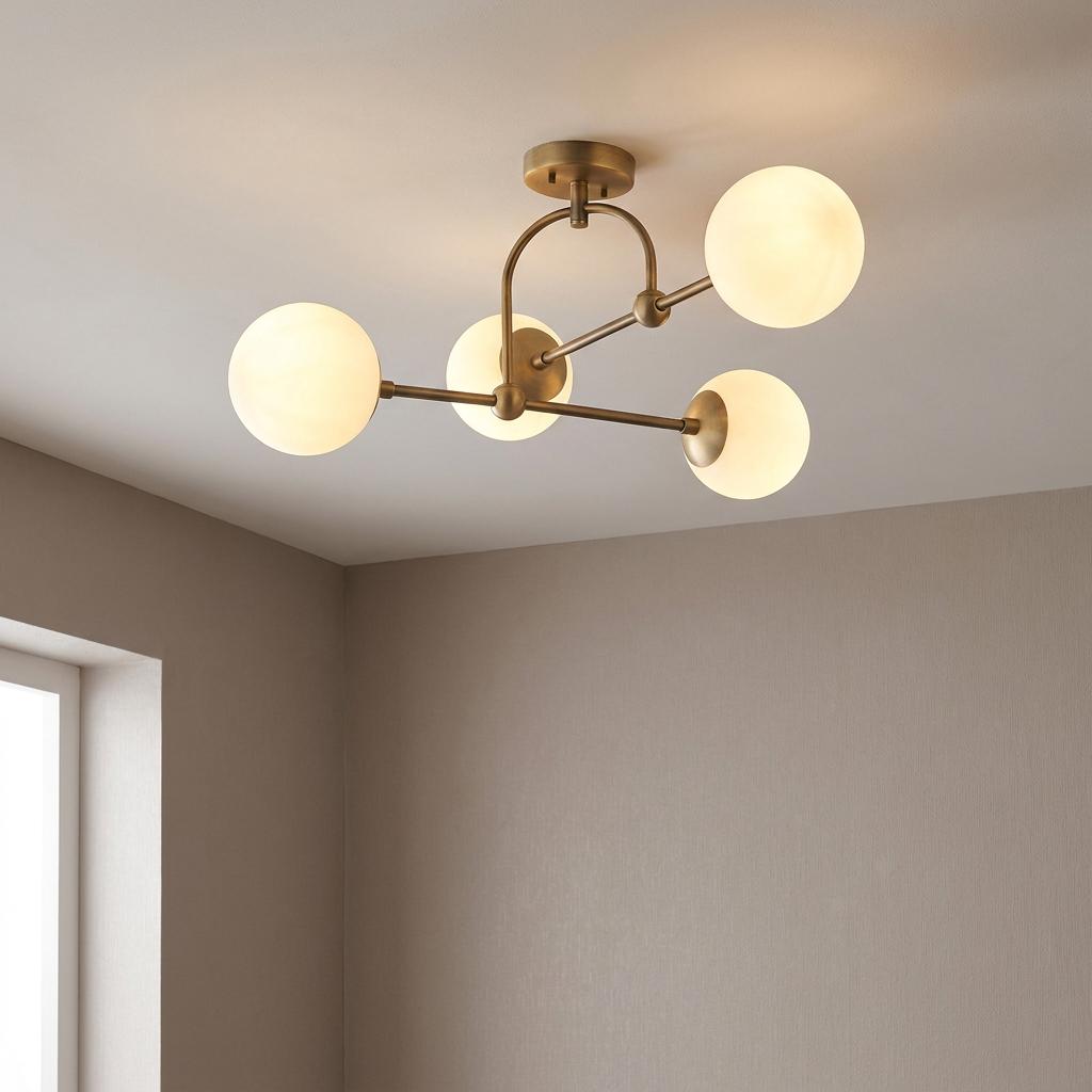 Modern 4-light brass semi-flush ceiling fixture with illuminated opal glass globes on a white ceiling.