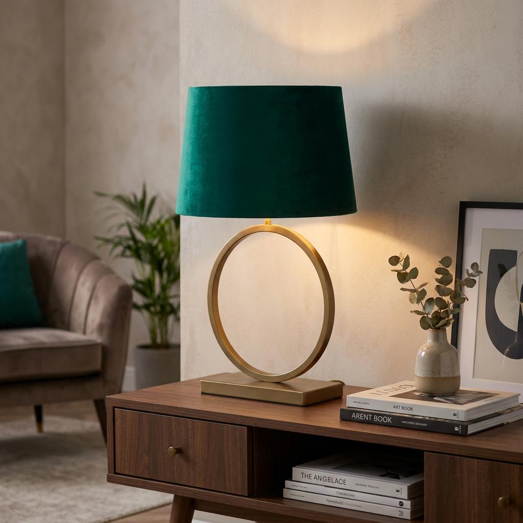 Emerald green velvet table lamp with a circular bronze base sitting on a wooden sideboard in a cozy living room.
