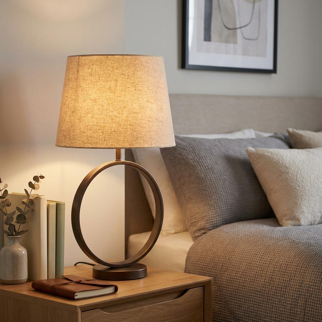 Bronze circular table lamp with a natural linen shade emitting a warm glow on a wooden bedside table.