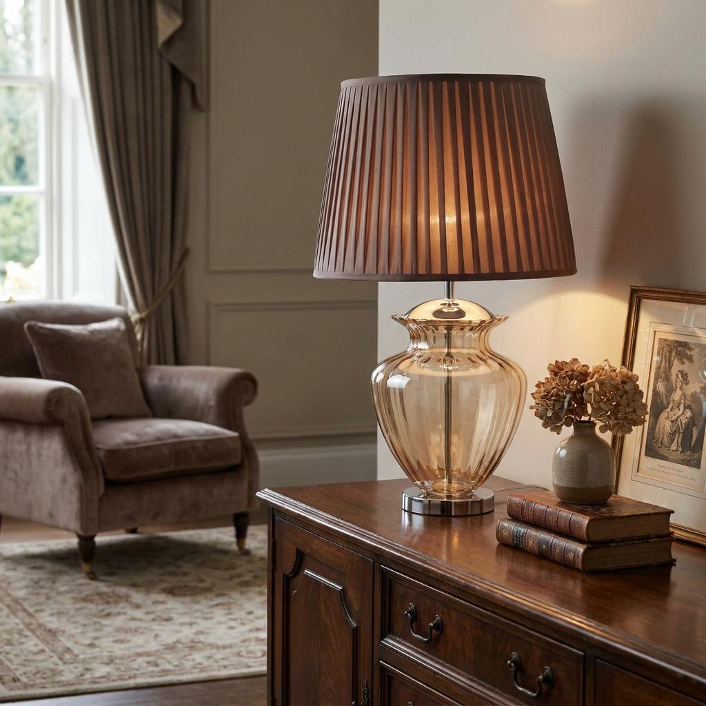 Amber glass urn table lamp with a brown pleated shade on a dark wood sideboard in a cozy living room.