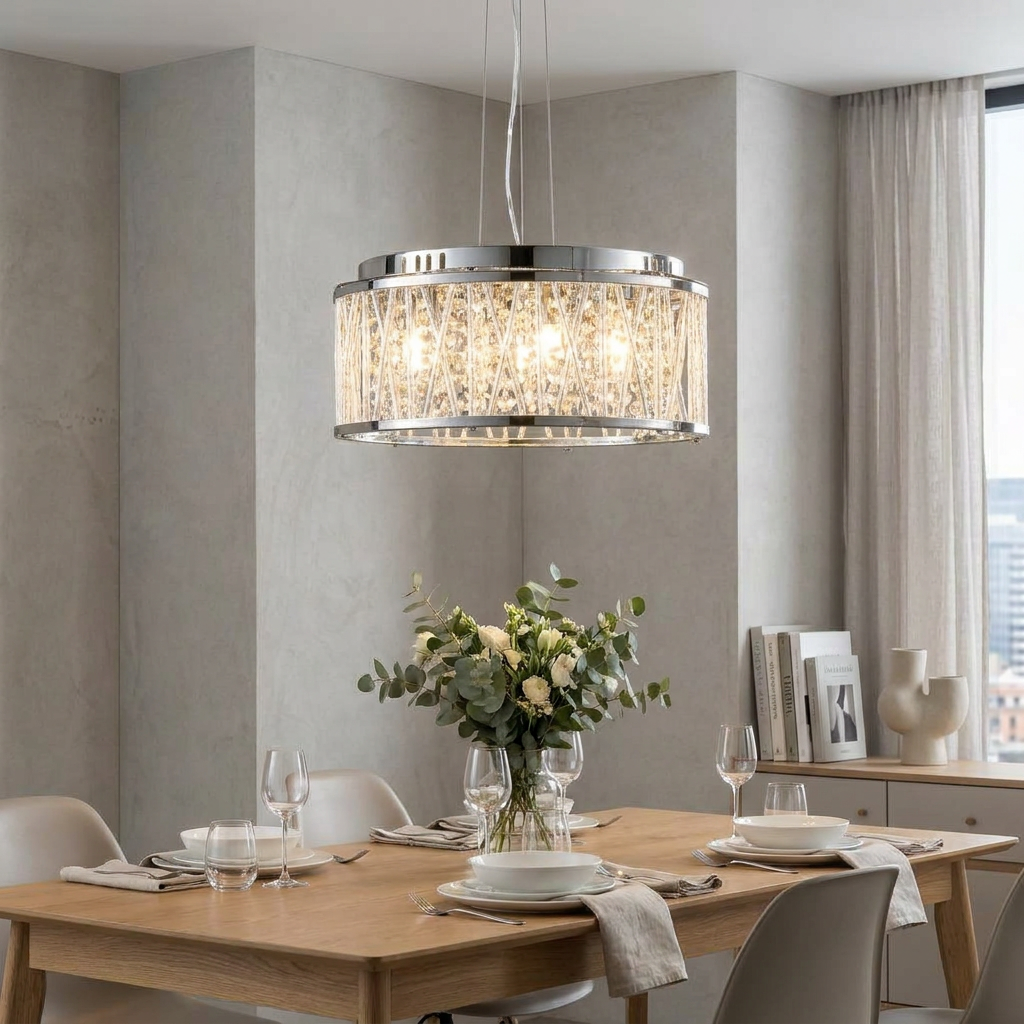 Elise 3 light chrome and crystal drum pendant light hanging over a set wooden dining table in a modern room.