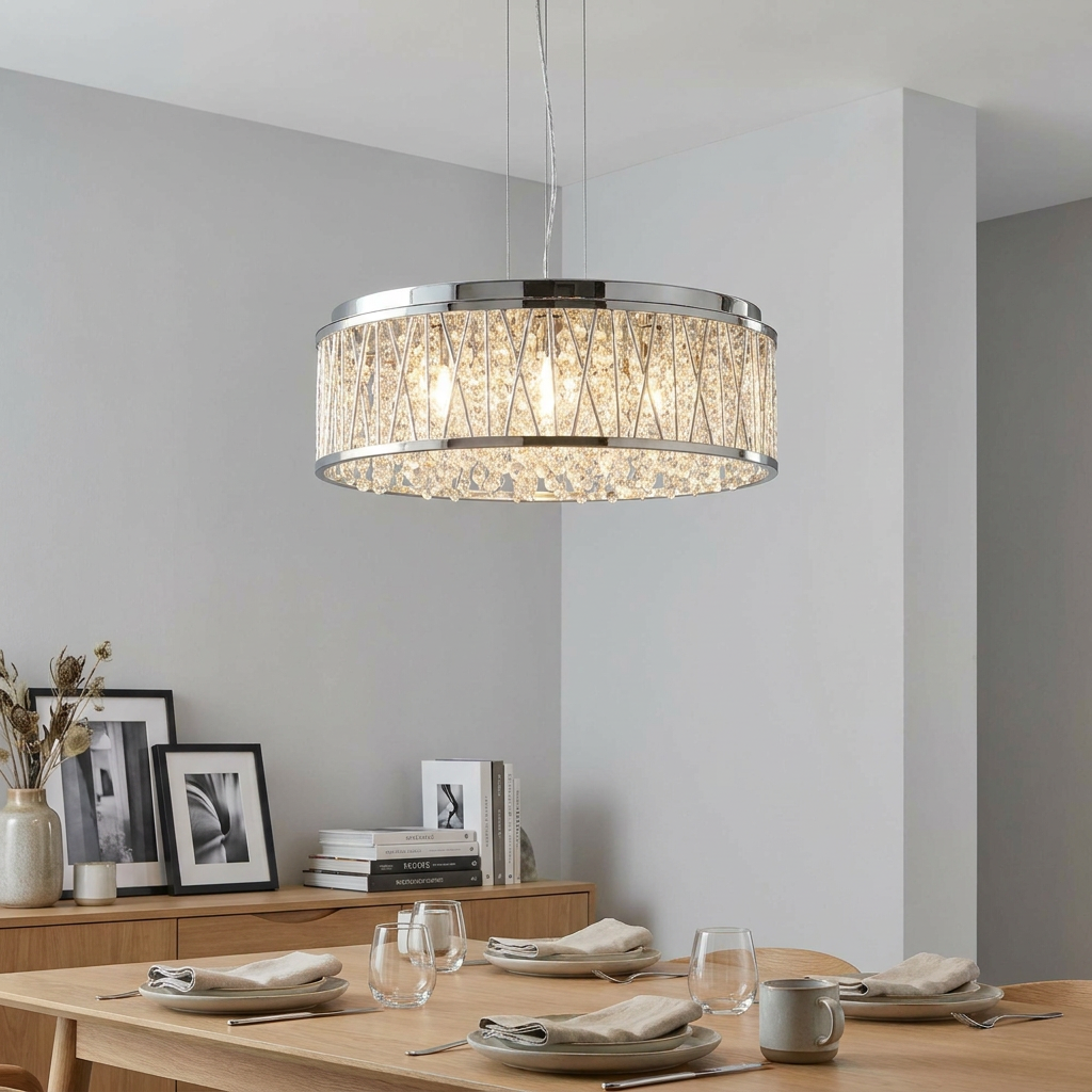 Modern chrome and crystal drum pendant light illuminating a set wooden dining table in a minimalist room.
