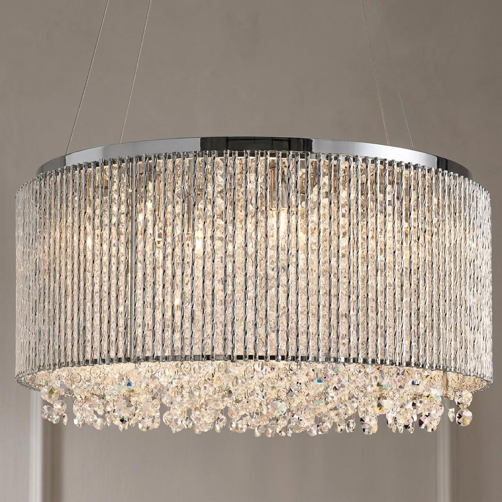 Modern chrome pendant light featuring vertical crystal rods and a shimmering array of hanging crystal droplets.