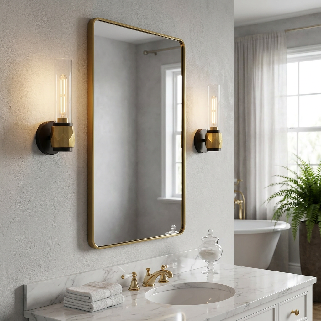 Two Ellison wall lights with brass geometric bases and glass shades flanking a rectangular bathroom mirror.