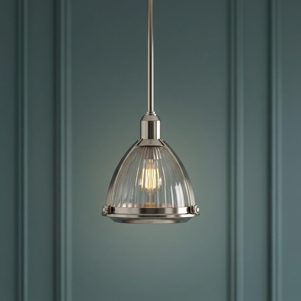 Brushed nickel ceiling pendant light with a ribbed glass dome shade against a dark paneled wall.