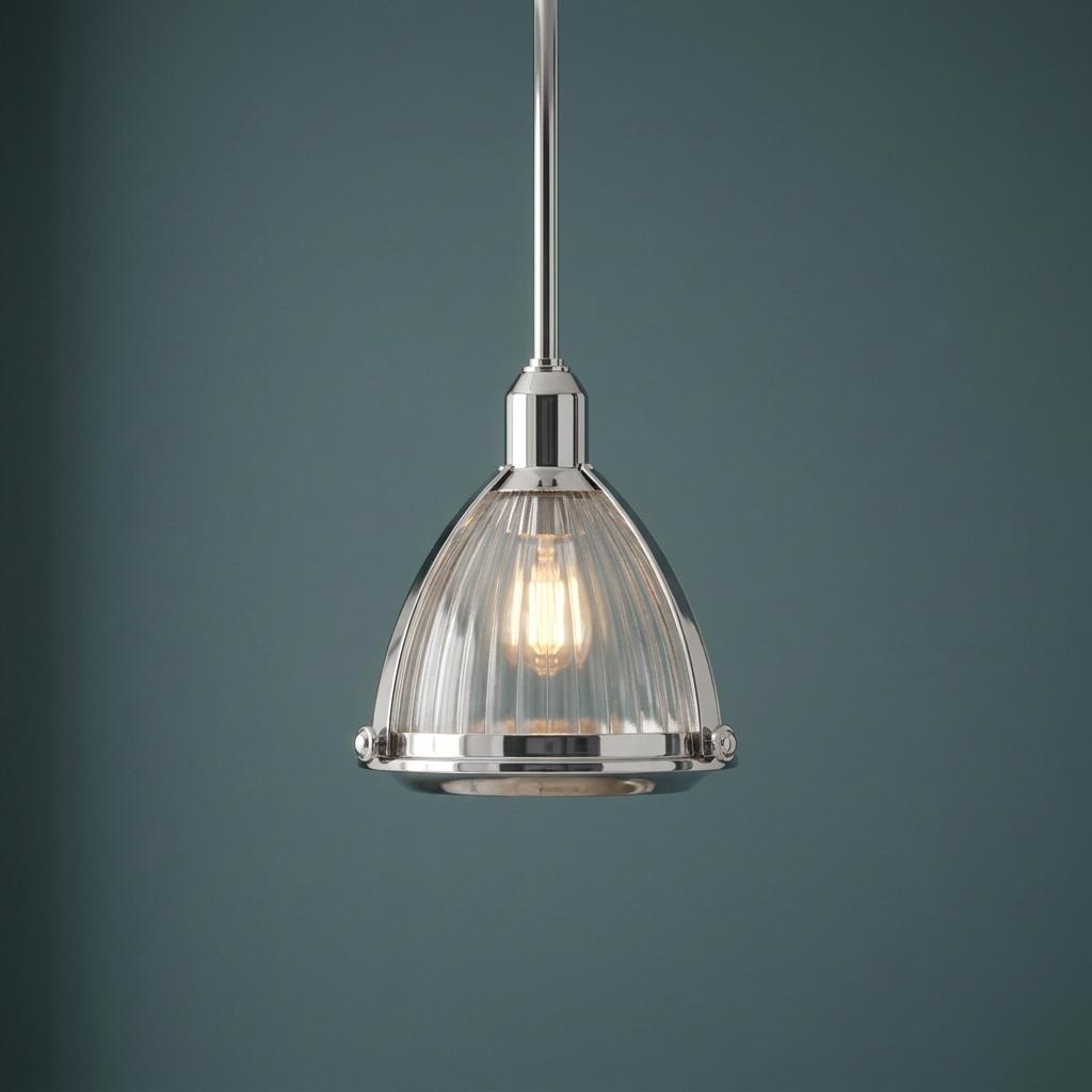 Polished nickel pendant light with a ribbed glass bell shade, illuminated against a dark blue wall.