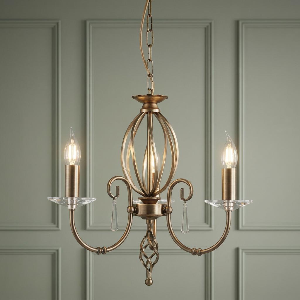 Elstead Aegean Aged Brass 3 Light Chandelier with crystal accents against a sage green paneled wall.