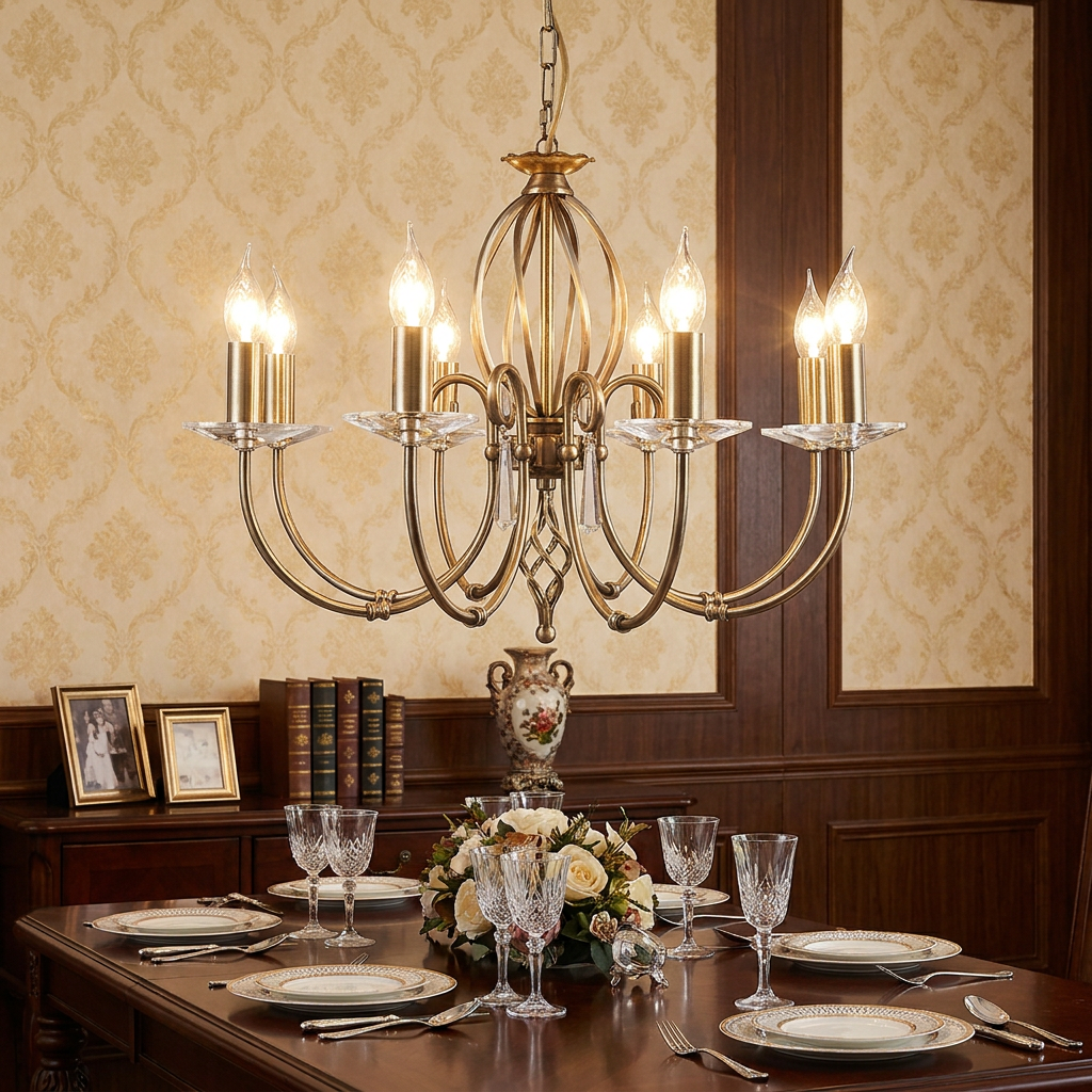 An 8-light aged brass chandelier with crystal drops hangs above a formal dining table in a classic interior.
