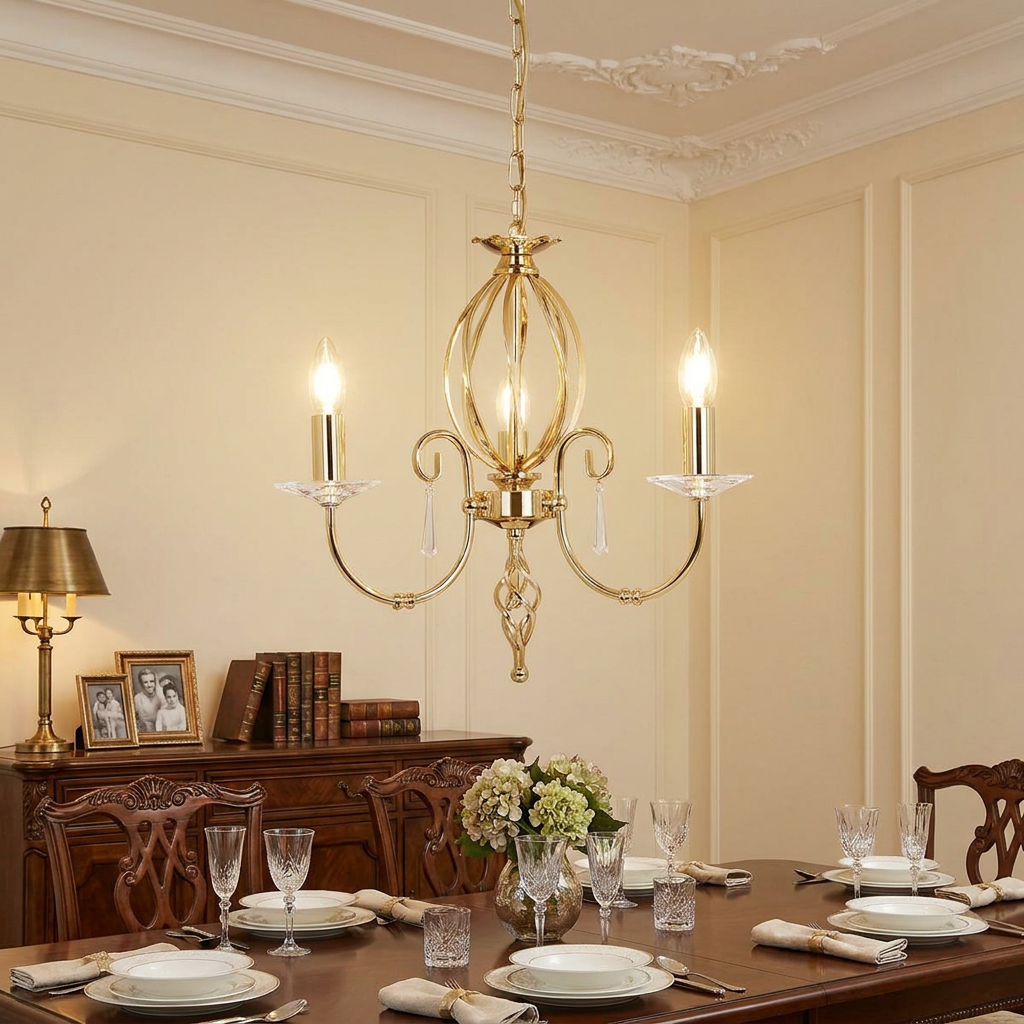 Polished brass 3-light chandelier with crystal drops hanging over an elegantly set formal dining table.