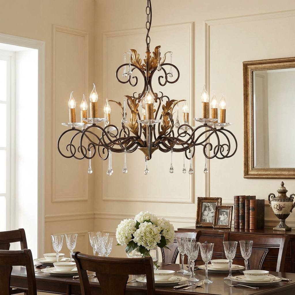 Ten-light bronze and gold chandelier with crystal droplets hanging over an elegant dining room table.