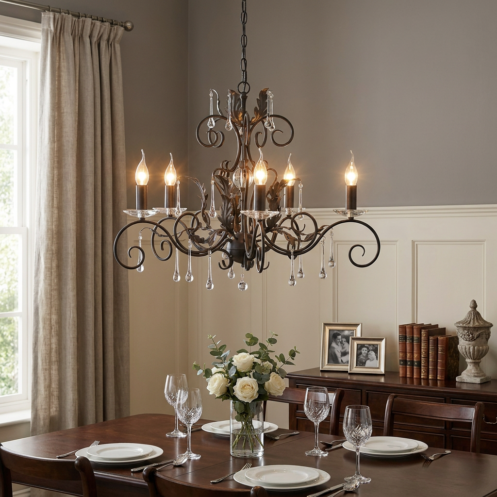 Black and silver 15-light scroll chandelier with crystals hanging over a dining table set with white roses.