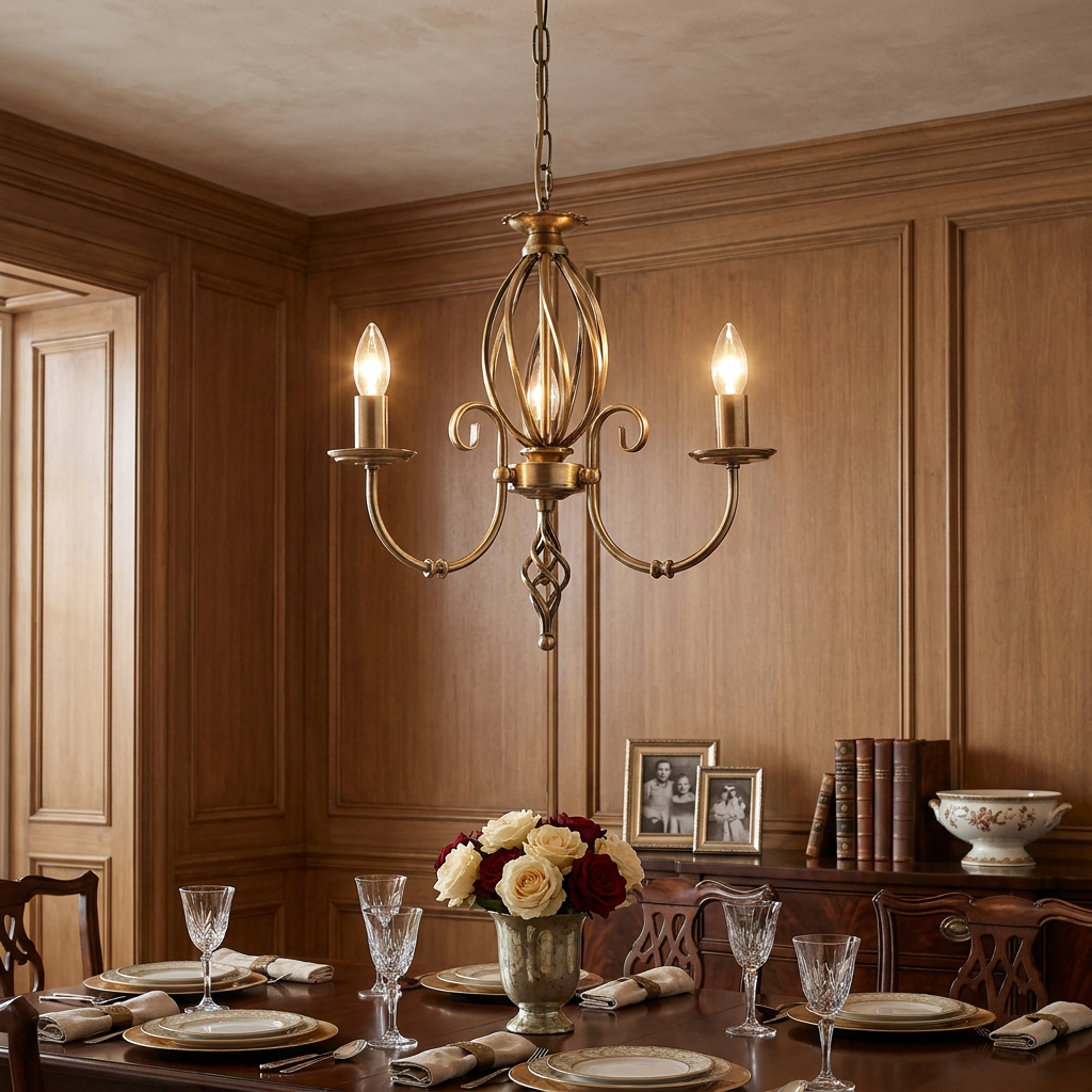 Elstead Artisan aged brass 3-light chandelier hanging over a formal dining table in a wood-paneled room.