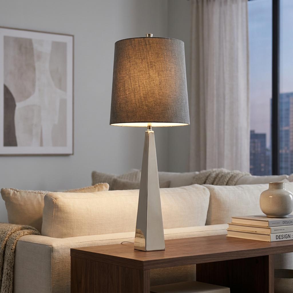Polished nickel table lamp with a grey fabric shade glows on a wooden table in a modern living room.