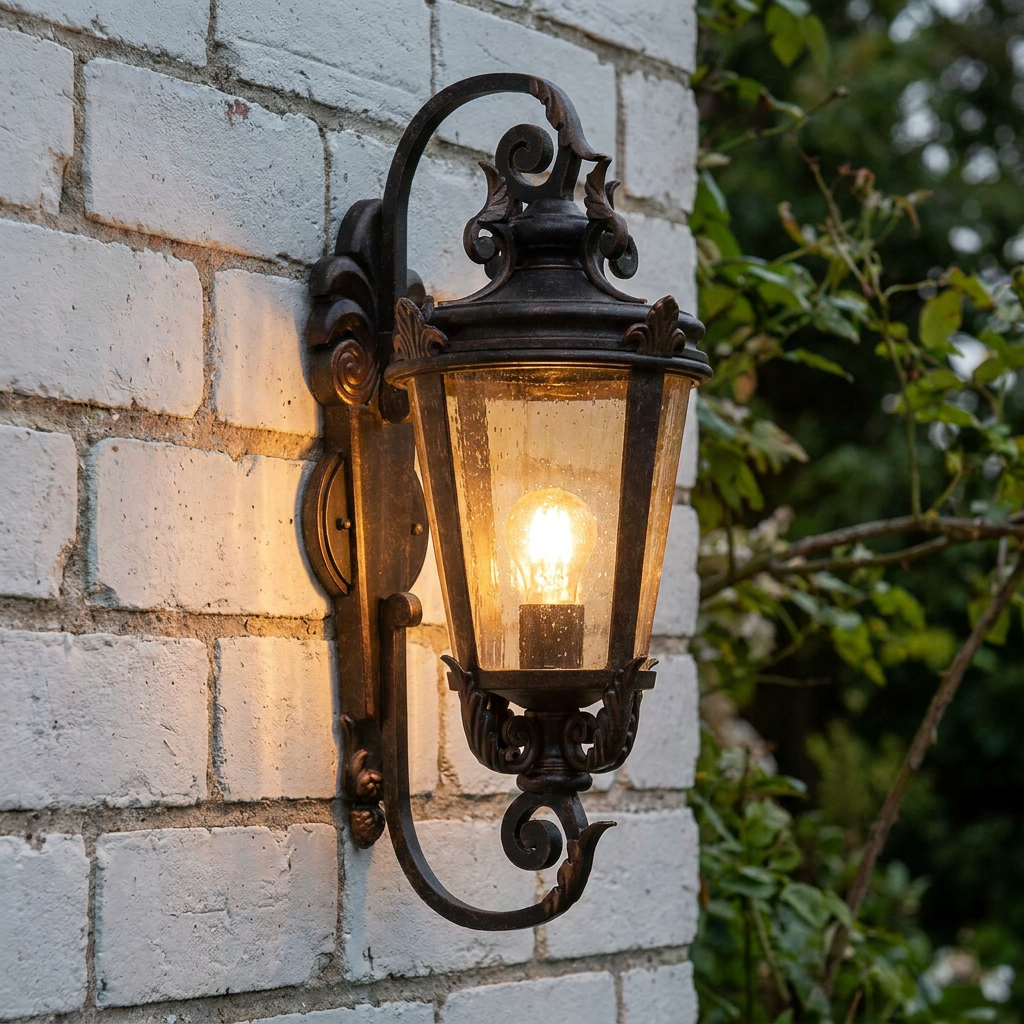 Weathered bronze outdoor wall lantern with ornate scrollwork glowing on a white brick wall.