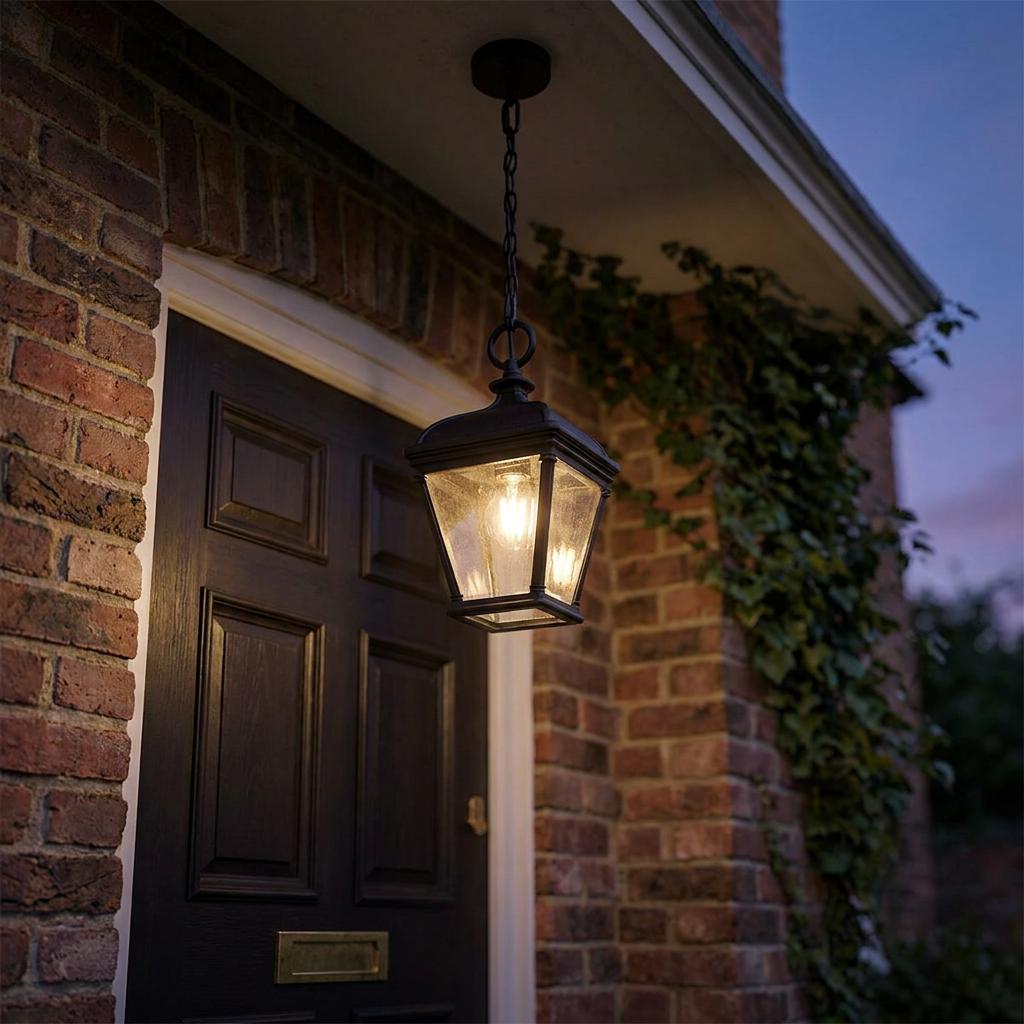 An Elstead Bayview outdoor chain lantern illuminates a brick porch entrance at dusk.