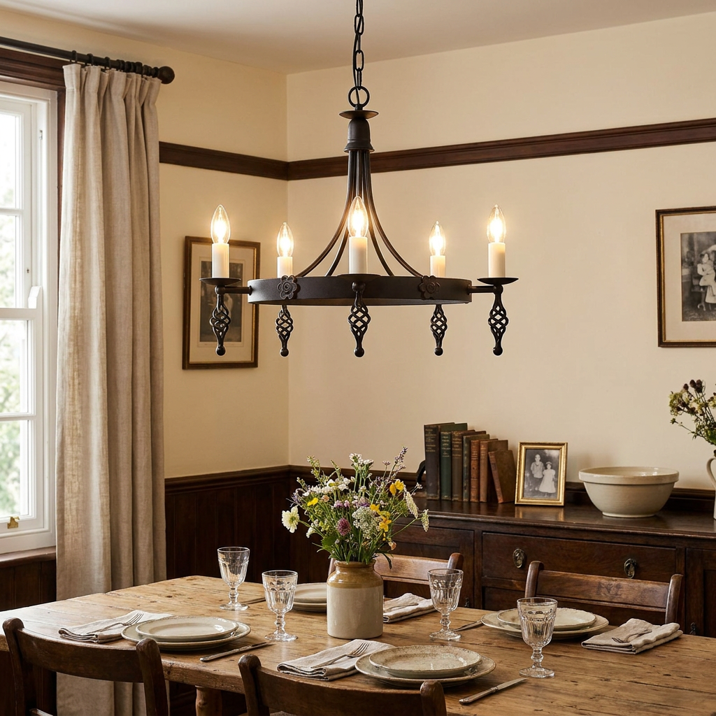 Elstead Belfry 5-light black chandelier illuminating a rustic dining room table set for a meal.