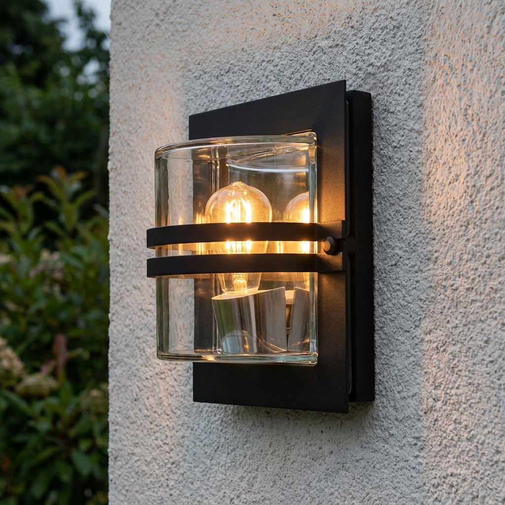 Modern black outdoor wall light with curved clear glass and horizontal bands mounted on a white textured wall.