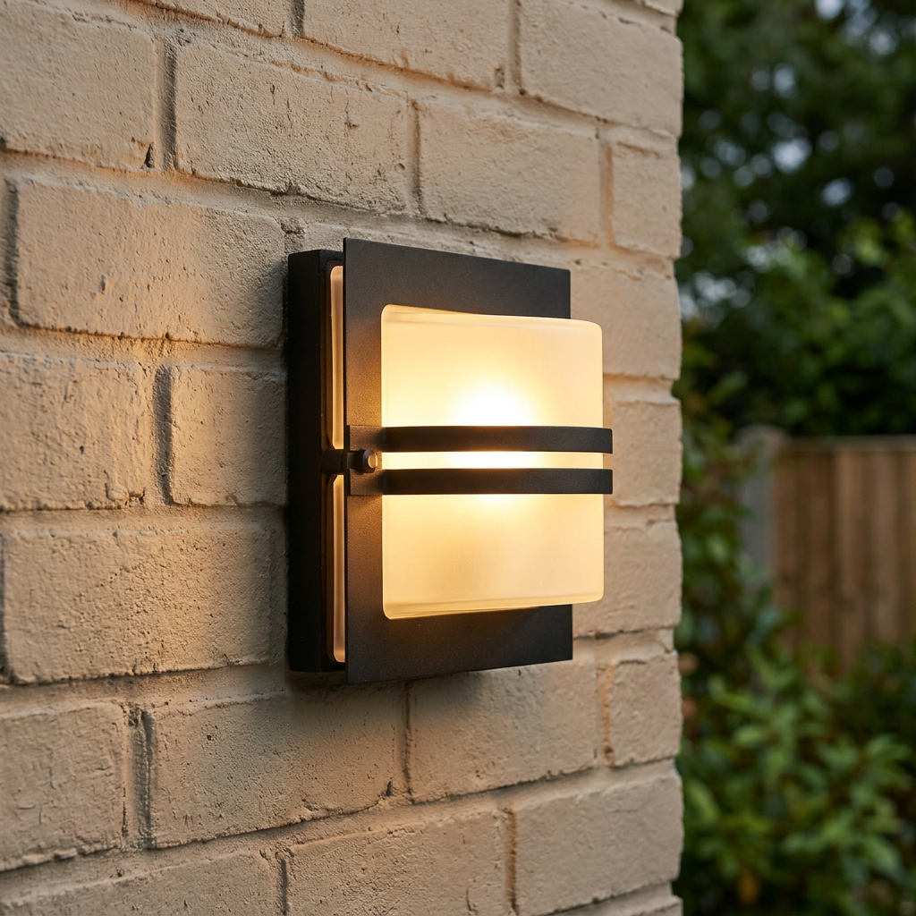 Modern black square outdoor wall light with frosted glass and dual horizontal bands, glowing on a brick wall.