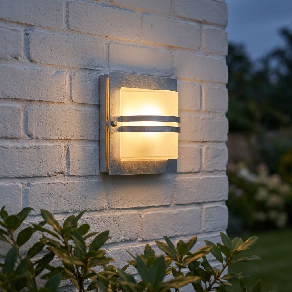 Modern Elstead Bern galvanised steel wall light with frosted glass glowing warmly on a white brick wall at dusk.