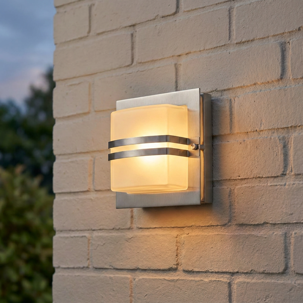 Modern square outdoor wall light with frosted glass and stainless steel trim mounted on a white brick wall.
