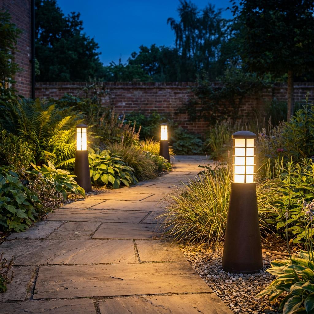 Three Elstead Beta Aged Iron garden bollard lights illuminating a stone garden path at dusk.