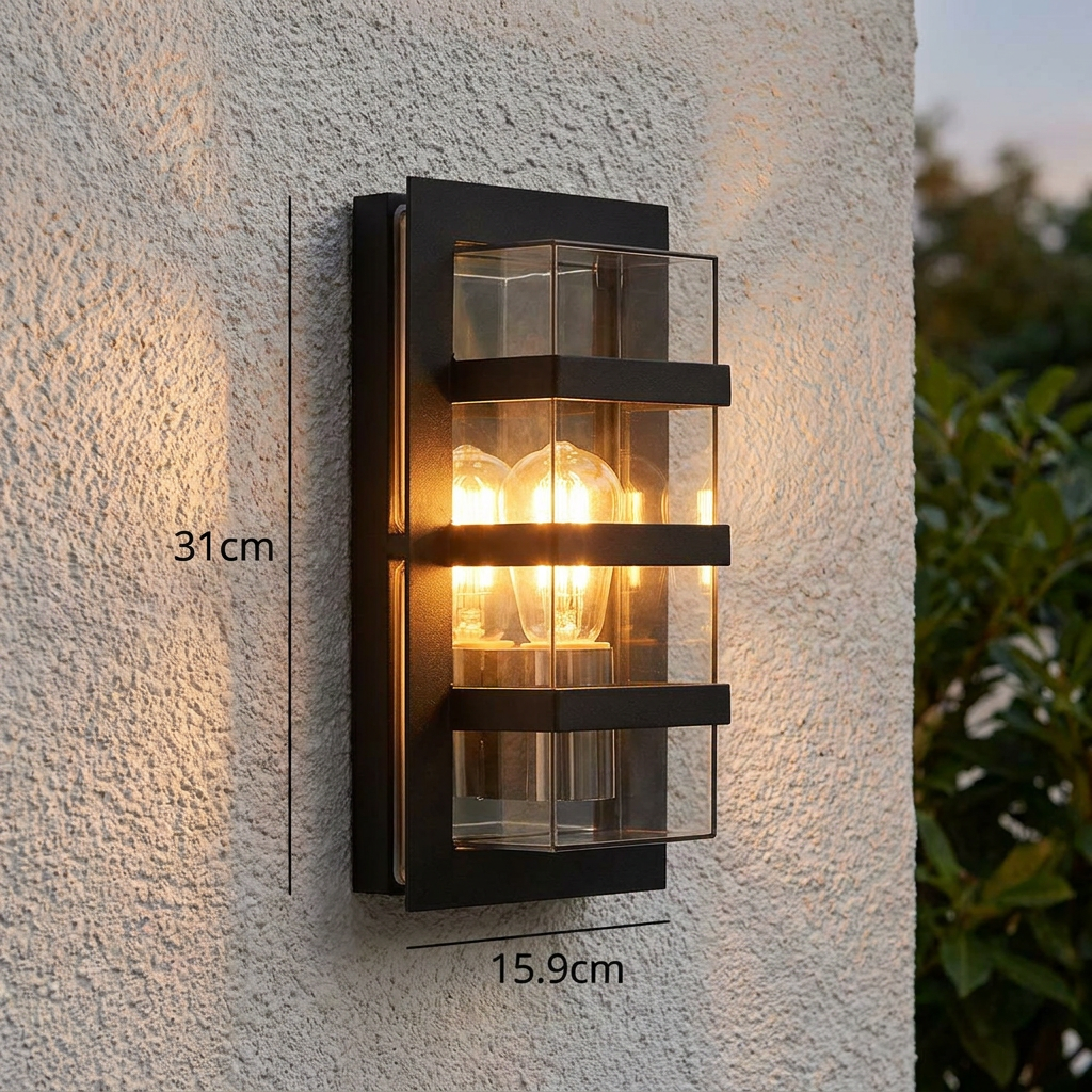 Black rectangular outdoor wall light with clear polycarbonate panels and warm glowing bulbs on a white textured wall.