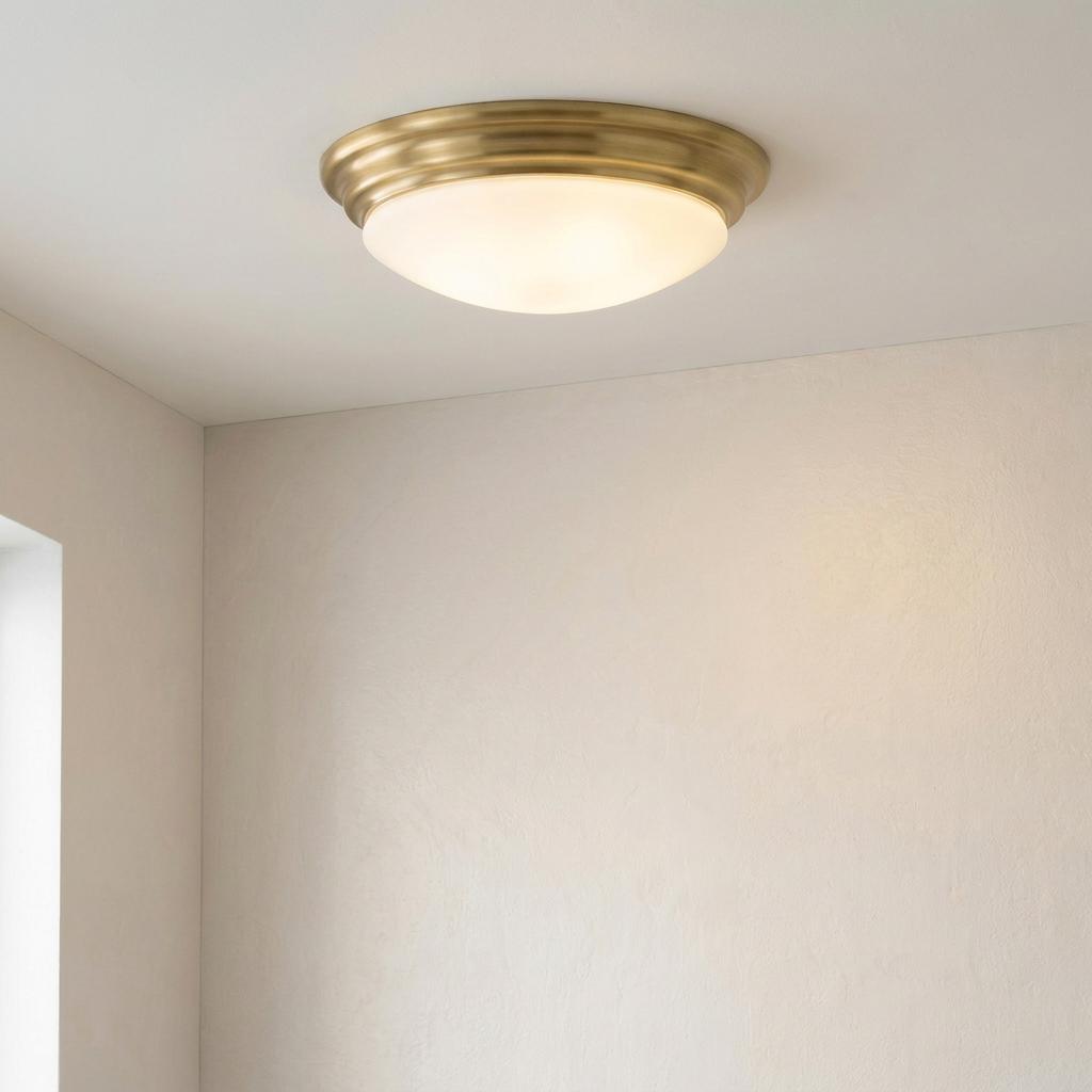 Brompton bathroom flush mount light with an opal glass dome and a tiered brass frame on a white ceiling.