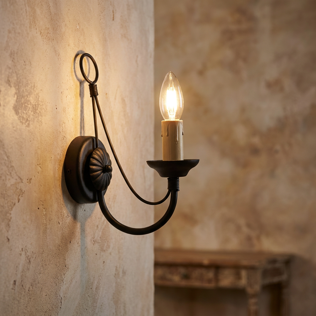 Black candle-style wall sconce with a warm glowing bulb mounted on a rustic textured wall.
