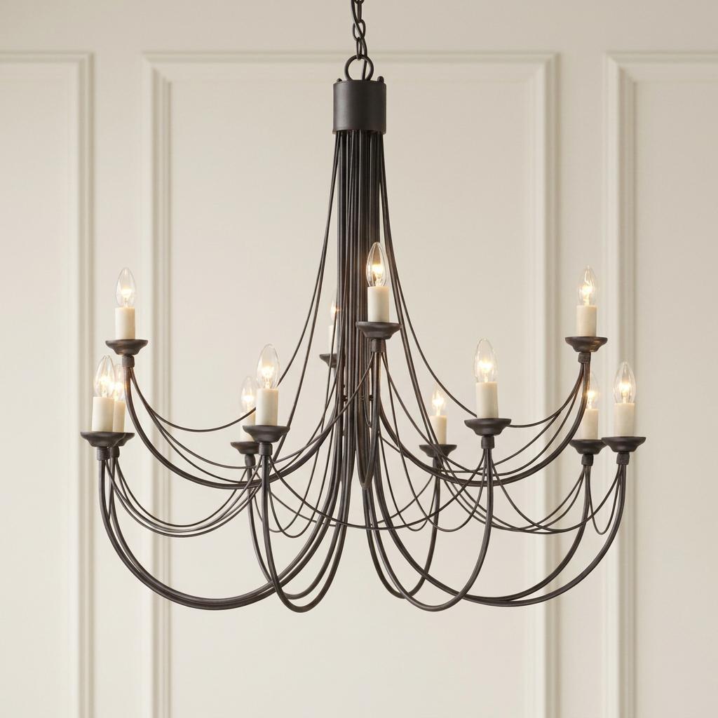 Elstead Carisbrooke 12-light chandelier with sweeping black metal wires and ivory candle bulbs against a paneled wall.