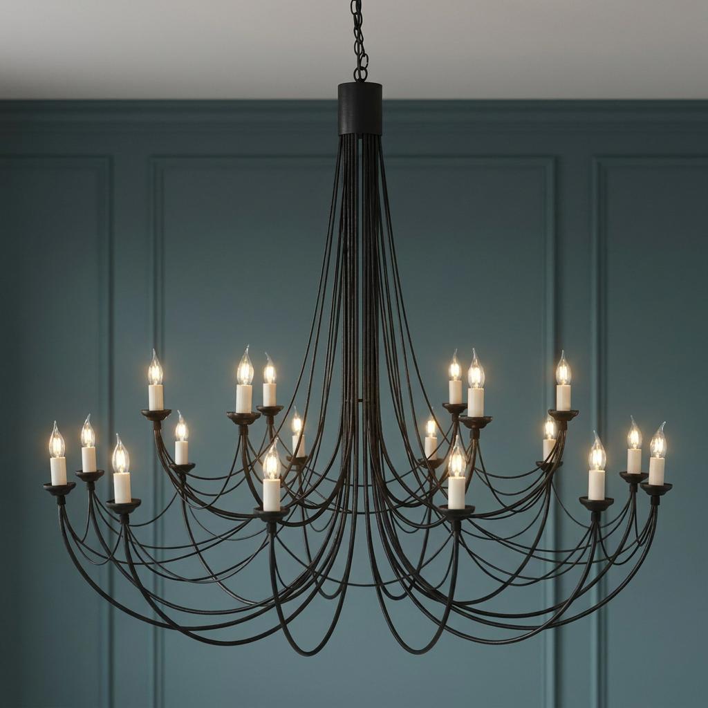 18-light black wire chandelier with candle bulbs against a teal paneled wall.