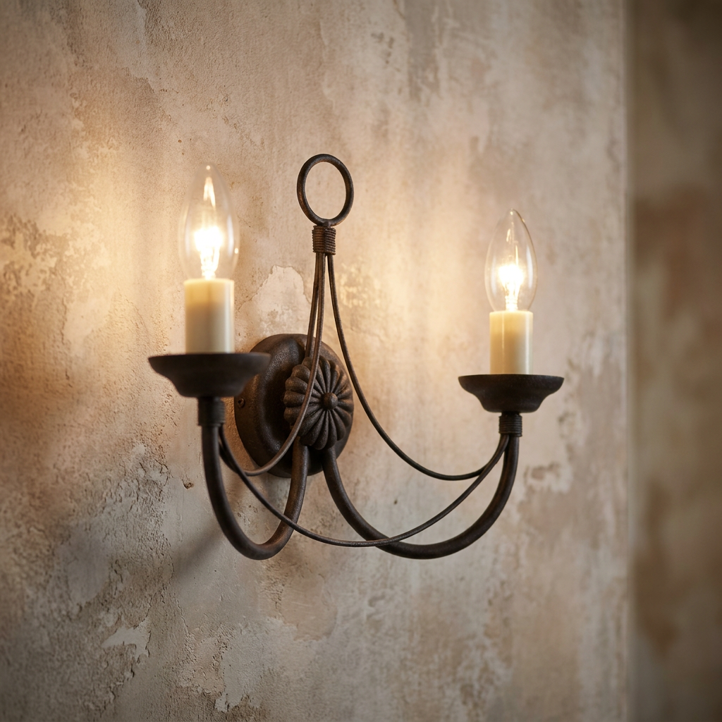 Elstead Carisbrooke 2-light black wall sconce with candle bulbs on a textured, distressed wall.
