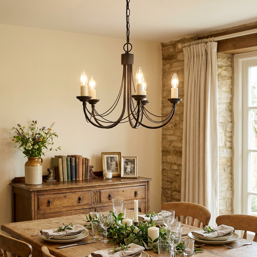 Elstead Carisbrooke 5-light black chandelier hanging over a rustic dining table with a stone wall background.
